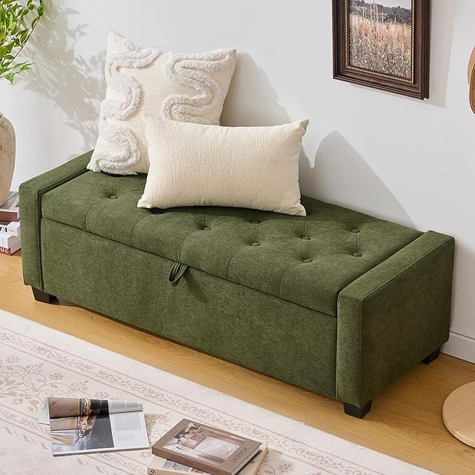Huatean Home 48" Ottoman with Storage, Storage Ottoman Bench with Safety Hinge, Upholstered Entryway Bench with Seating for Bedroom, Living Room, Holds up to 330 lb, Green
