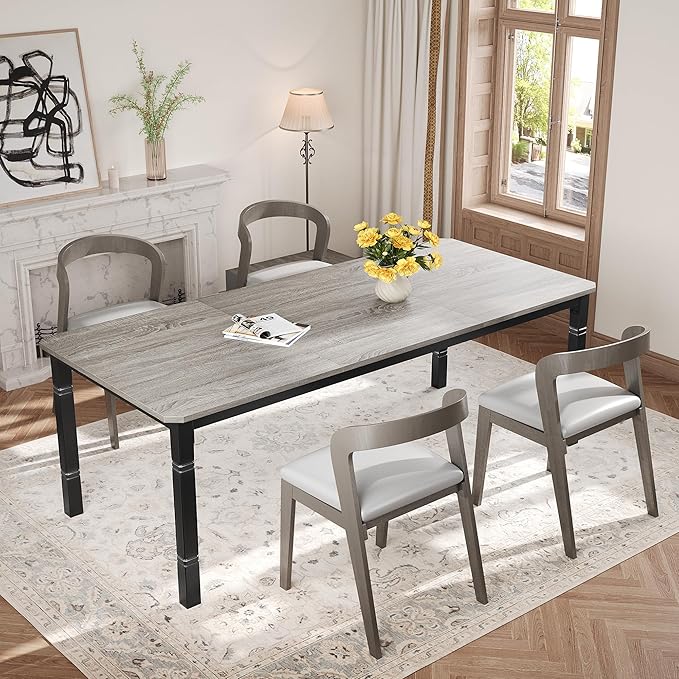 Garvee Large Dining Table for 6-8 People, 71" Wooden Kitchen Table with Sturdy Metal Frame, Dining Room Table for Dining Room, Kitchen, Black Leg & Grey