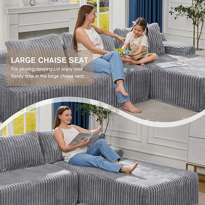 Hobestluk Modular Sectional Sofa Boneless Couch L-Shape Couch 3 Seat Modular Couch Memory Foam Sectional Couches for Living Room Furniture, Cloud Couch with Oversized Chaise (108" Right Facing Chaise)