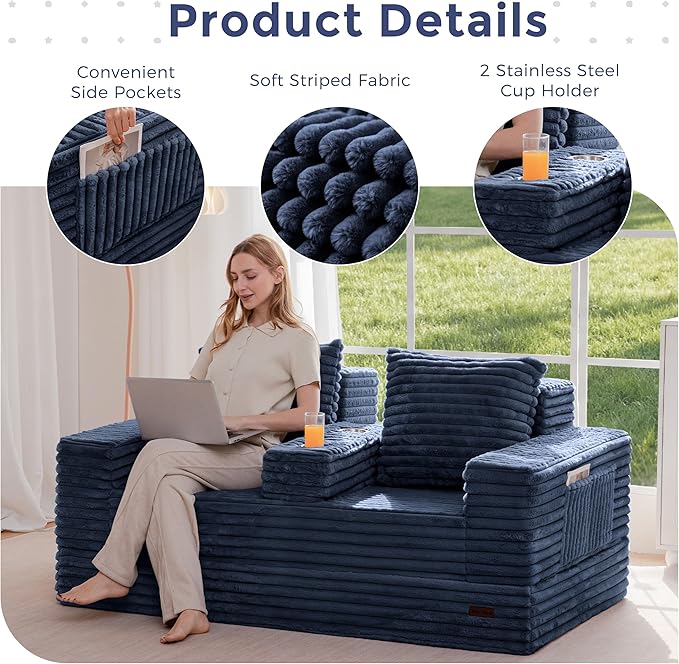 MAXYOYO Loveseat Sofa Bed, Striped Faux Fur Foldable Floor Sofa Couch in A Box, 4 in 1 Convertible Boneless Couch with 2 Cup Holders, Folding Recliner Sleeper Chair, No Assembly Required, Navy