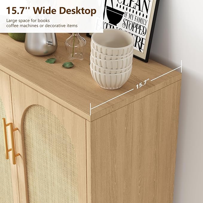 15.7"D Rattan Buffet Sideboard Cabinet with Storage, Modern Accent Cabinet with Adjustable Shelf & Solid Wood Legs, Coffee Bar Cabinet with Doors for Kitchen, Living Room, Entryway, Natural Oak