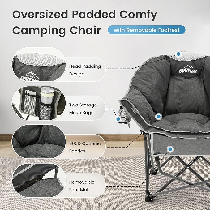 OUTDOOR LIVING SUNTIME Oversized Padded Comfy Camping Chair with Removable Footrest，Weight Capacity 400 LBS, Heavy Duty Moon Round Leisure Folding Chair for Camping, Hiking, Carry Bag, Gray