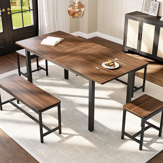 Garvee 5 PCs Extendable Dining Table Set for 4-8 People, 63 in Kitchen Table with 2 Benches & 2 Stools, Modern Dining Room Furniture, Easy Assembly Metal Frame