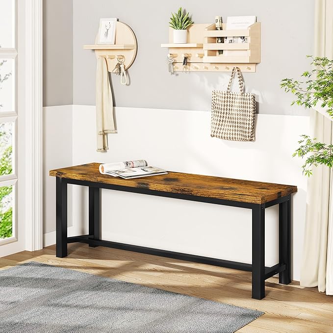 Recaceik Dining Benches - Pair of 2 Industrial Benches for Dining Room, Kitchen, Entryway, Bedroom - 39 Inch, Rustic Brown Metal Legs, Easy to Assemble