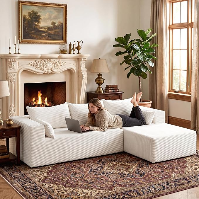 106" Cloud Sectional Boneless Couches for Living Room, Modular L Shaped Couch with Deep Seat Oversized Right Facing Chaise, Memory Foam Compressed Spineless 3 Seater Sofa for Apartment, Beige