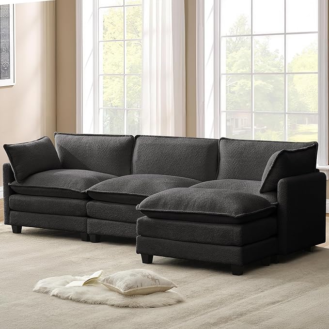 ROWHY 112'' Sectional Cloud Couch with Movable Ottoman, 4 Seat Modern Chenille Modular Sofa with 2 Throw Pillows, Deep Seat L Shaped Couch for Living Room Bedroom Apartment, Dark Grey | Sturdy Frame