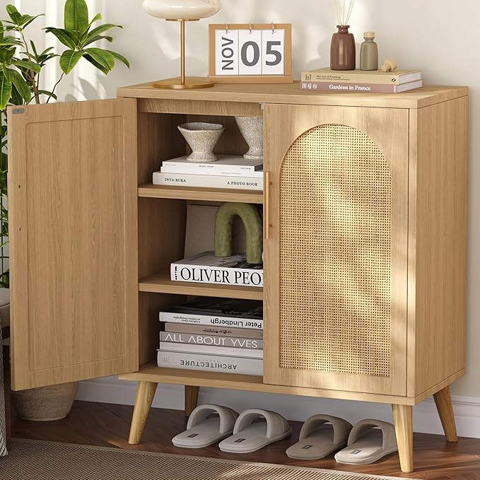15.7"D Rattan Buffet Sideboard Cabinet with Storage, Modern Accent Cabinet with Adjustable Shelf & Solid Wood Legs, Coffee Bar Cabinet with Doors for Kitchen, Living Room, Entryway, Natural Oak