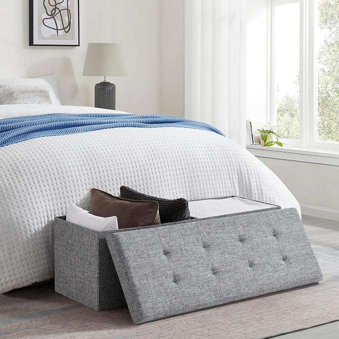 Ornavo Home Folding Storage Ottoman, 43 Inch Extra Large Storage Bench with Lid, Foot Rest Stool for Bedroom, Living Room, Entryway, Tufted Linen Upholstered - Gray
