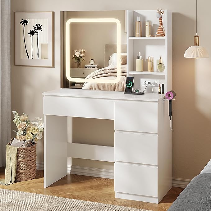 Vabches Make Up Vanity Desk with Charging Station, Vanity Set with Mirror and Stool and Lights,Dressing Table with 4 Drawers & Storage Shelves,37inch, White