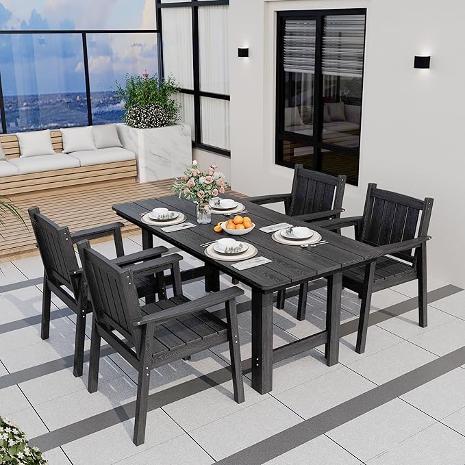 Pamapic 5-Piece Outdoor Dining Set, HDPE Outdoor Rectangular Table and 4 Chairs, Wood Grain Patio Furniture Sets with Armrest, All-Weather Patio Dining Table with Umbrella Hole, Black