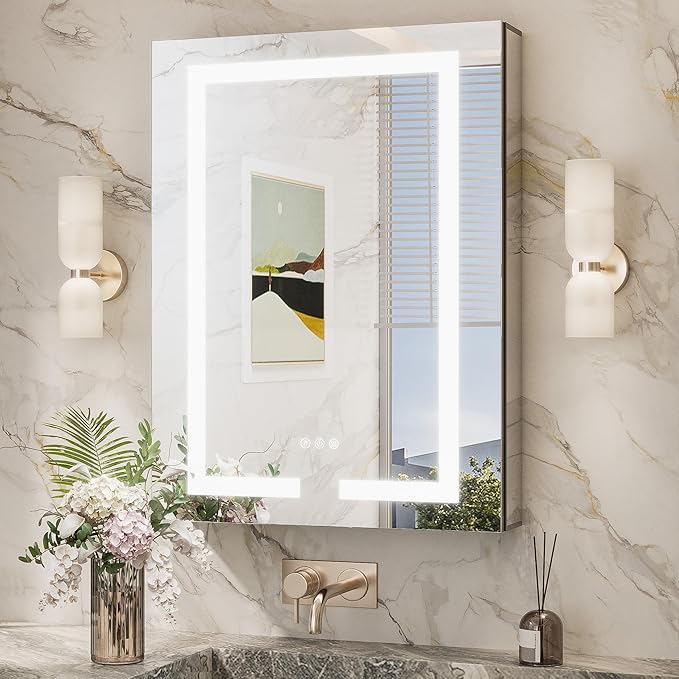 TokeShimi 24x32 Lighted Medicine Cabinet for Bathroom Surface or Recessed, LED Medicine Cabinet Mirror with Lights 3 Color Dimmable and Sockets, 2-Side Mirror with Storage UL-Listed Driver, Anti-Fog