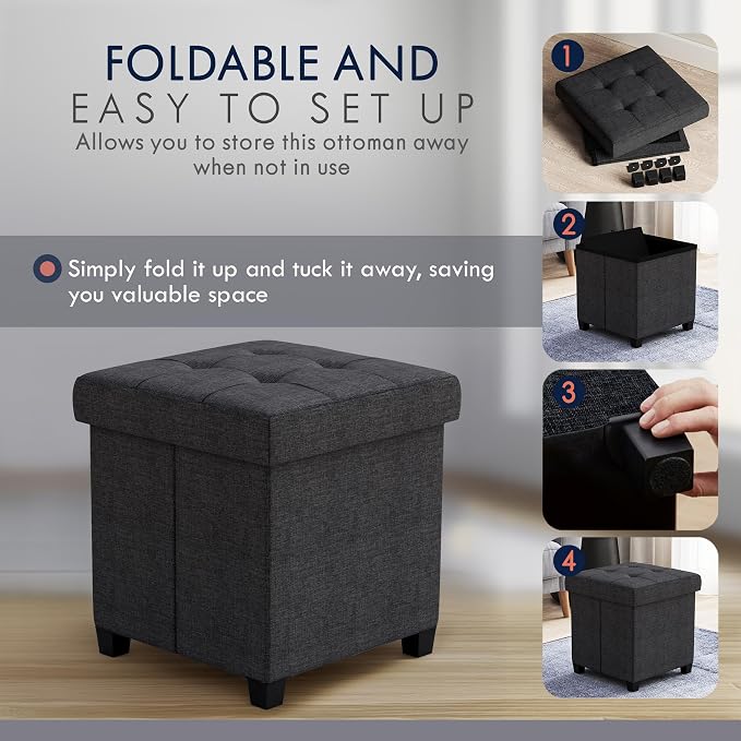 Ornavo Home Storage Ottoman with Legs, Square Cube Foot Rest Stool Seat, for Living Room, Bedroom, Home Office, Dorm - 15 x 15 x 15, Black