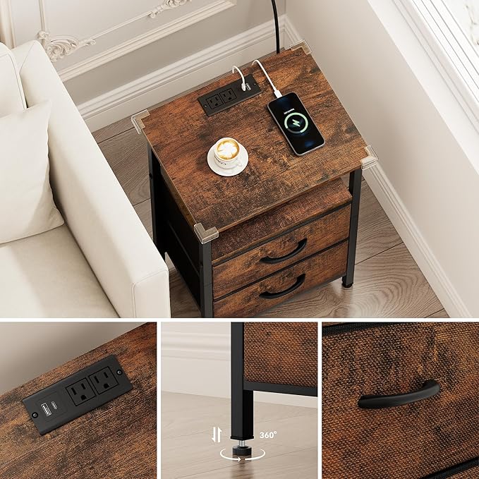 Vagusicc Nightstands Set of 2 Charging Station, End Tables with LED Lights, Bedside Table with 2 Fabric Drawers & Storage Shelves, 24.2" Tall Side Table Night Stand Set 2 for Bedroom, Rustic Brown