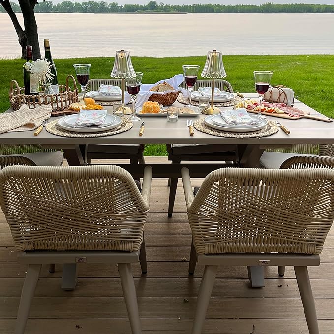 PURPLE LEAF Outdoor Patio Dining Set All-Weather PE Rattan Furniture Set with All Aluminum Frame Rectangular 9 Pieces Table and Chairs Set for 8 People Lawn Garden Backyard Deck, Champagne