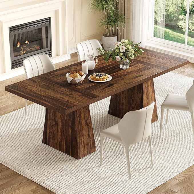 LITTLE TREE Dining Table for 4-6 People, Wooden Table, Rectangle Furniture with Heavy Duty Legs, Modern Kitchen Table for Home, Dining Room, Brown