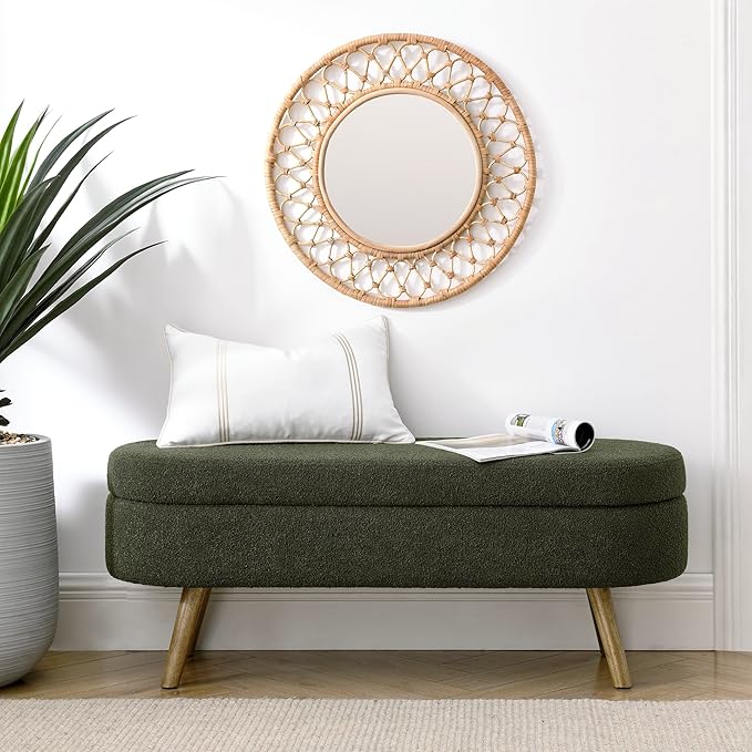 43.5" Ottoman with Storage, Storage Ottoman Bench with Safety Hinge, Foam End of Bed Bench, Upholstered Entryway Bench for Bedroom, Living Room & Window, Holds up to 330 lb, Green