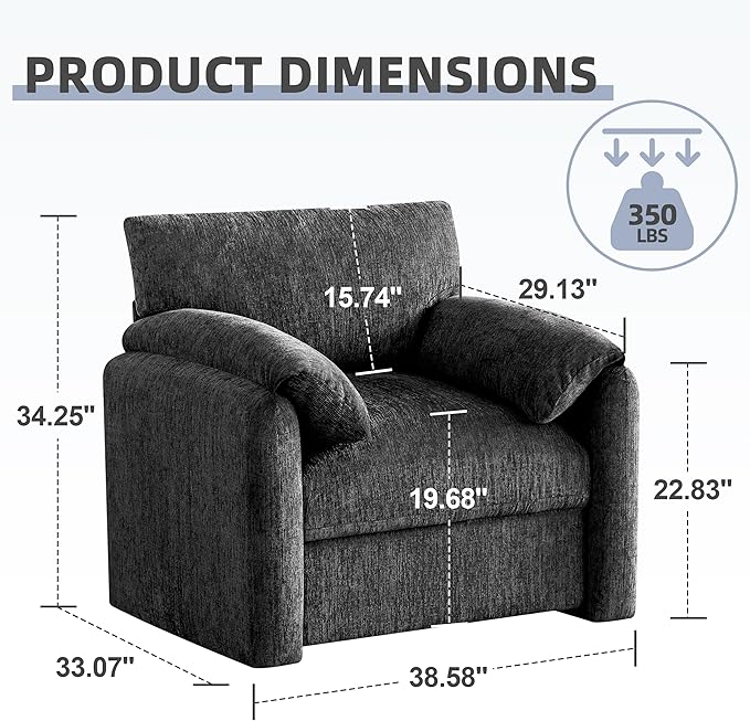 Howjoe Chenille Oversized Armchair, 38.6'" Wide Accent Chairs for Living Room & Bedroom Modern Lounge Chair, Upholstered Mid-Century Reading Chair,Comfy Living Room Chair(Darkgray, 2 Pack)