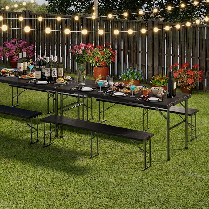 Folding Table with 2 Benches Set, 6FT Picnic Table with 2 Chairs, 3pcs Plastic Camping Tables and Foldable Bench Sets Indoor & Outdoor for Party, Camping, Picnic, Wedding, BBQ, Black