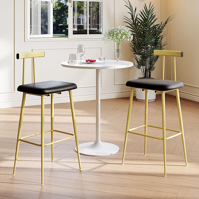 Bar Stools Set of 2, Tall Bar Stools with Backrest and Footrest, Counter Height Bar Chairs, Industrial Barstools with PU Leather Cushion, for Kitchen, Dining Room, Bar, Cafe (Gold) KBS515GC