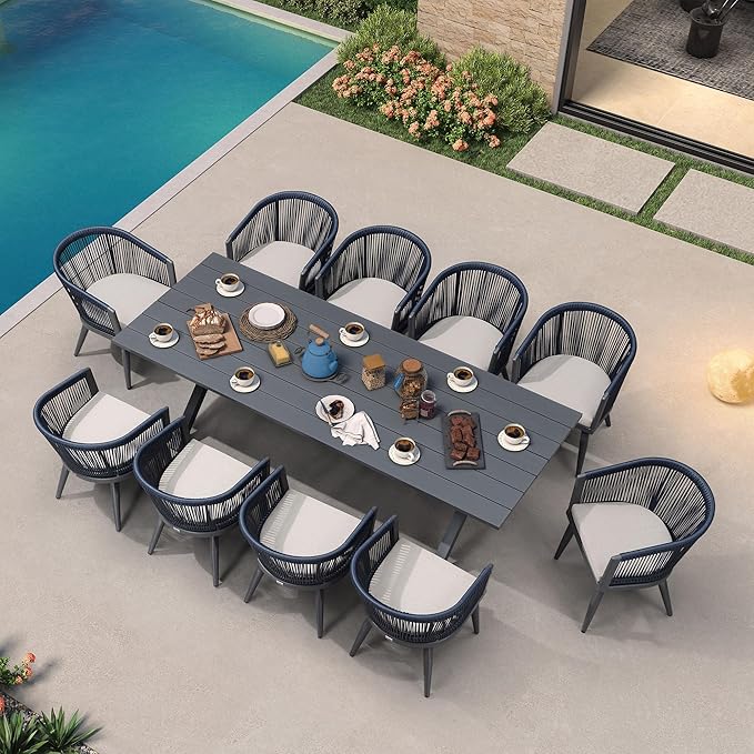 PURPLE LEAF Patio Dining Set for 10 All-Weather Wicker 11 Piece Aluminium Outdoor Table and Chairs Set Included Cushions for Backyard Indoor Decor Kitchen Modern Outdoor Furniture Set Grey and Navy
