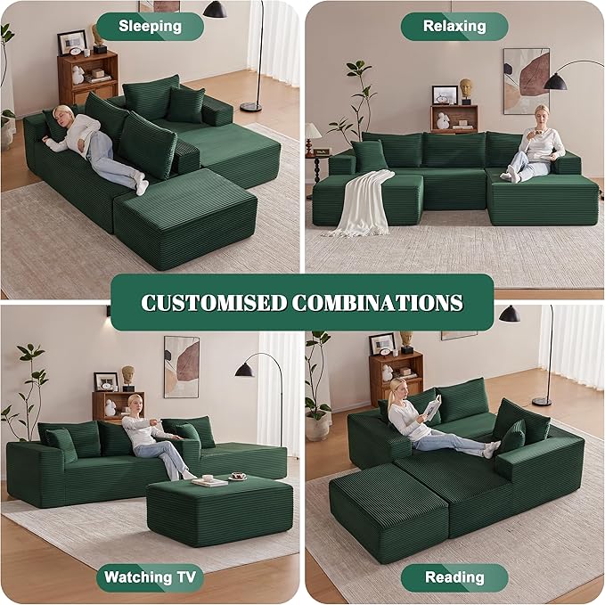 Mangodan 110” Cloud Sectional Couch, Boneless Sofa for Living Room, Modular Sectional Sofa with Deep Seat, Comfy Fluffy U-Shaped Couch with Right-Facing Chaise, No Assembly Required, Green