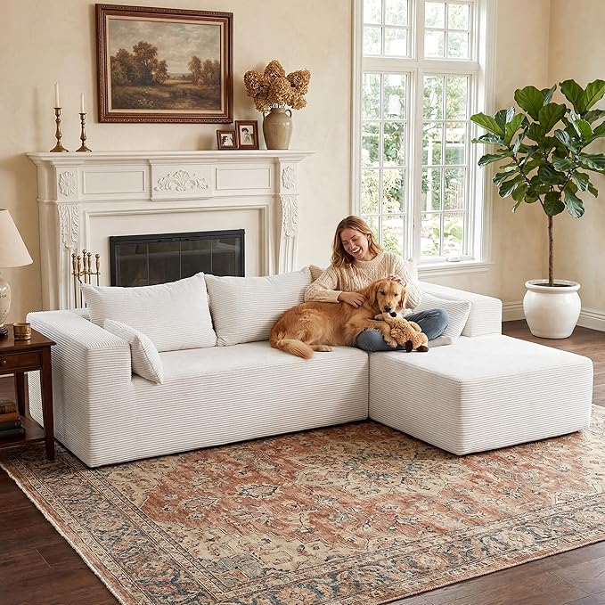 106" Cloud Sectional Boneless Couches for Living Room, Modular L Shaped Couch with Deep Seat Oversized Right Facing Chaise, Memory Foam Compressed Spineless 3 Seater Sofa for Apartment, Beige