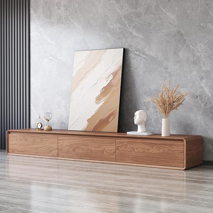 Floor Base TV Stand, Mid-Century Modern Media Console with 3 Storage Drawers, Fits 65–100 Inch TVs, Low Profile Entertainment Center(Walnut, 94.49", Floor Standing (Full Base))