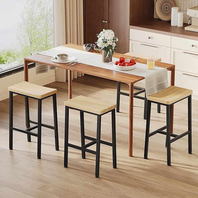 Homeiju Bar Stools, Counter Height Bar Stools Set of 2, 23.6 Inch Saddle Stools with Footrests, Industrial Kitchen Counter Seat for Dining Room, Kitchen, Counter, White Oak