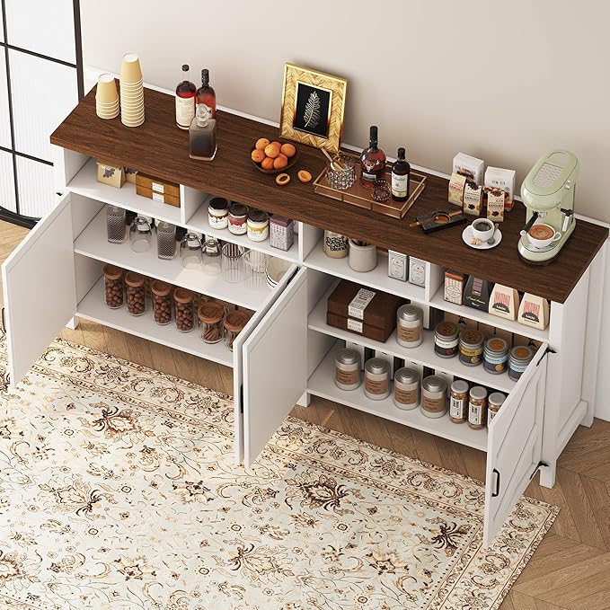 knoworld 63'' Buffet Sideboard with Storage Farmhouse with 4 Doors, Large Kitchen Storage Cabinet Wood Coffee Bar Cabinet Buffet Table with Shelves for Kitchen, Dining Room, Entryway