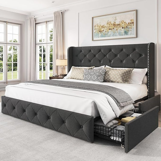 LARMACE Upholstered Queen Size Bed Frame with 4 Storage Drawers and 47.2" Tall Wingback Headboard Tufted Platform Bed Frame Linen Beds with Wooden Slats Support, Easy Assembly, Dark Grey