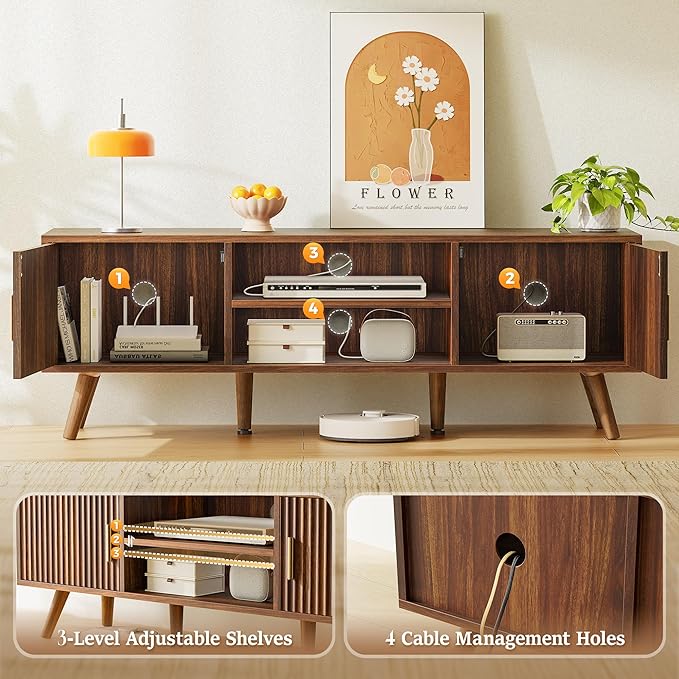 SUPERJARE TV Stand for 55 Inch TV, Entertainment Center with Adjustable Shelf, 2 Cabinets, TV Console Table, Media Console, Solid Wood Feet, Cord Holes, for Living Room, Bedroom, Walnut
