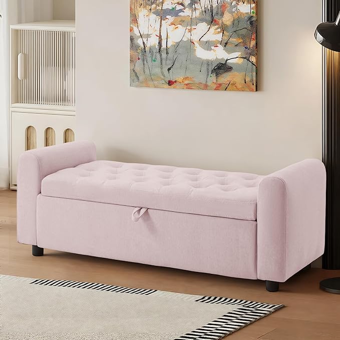 48" Ottoman with Storage, Tufted Storage Ottoman Bench, Convenient Living Room Fabrics Bench Seat, Entryway Shoe Benches with Inner Zipper & Arm, Rivetless Upholstered Window Seat Ottomans, Pink