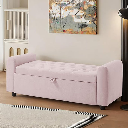 48" Ottoman with Storage, Tufted Storage Ottoman Bench, Convenient Living Room Fabrics Bench Seat, Entryway Shoe Benches with Inner Zipper & Arm, Rivetless Upholstered Window Seat Ottomans, Pink