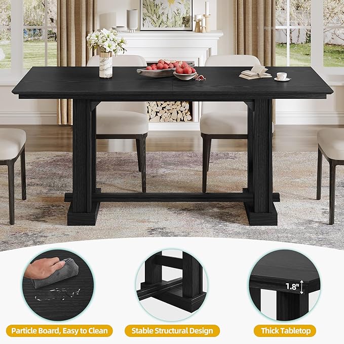 DWVO Farmhouse Dining Table for 6-8 People, 70" Long Kitchen Tables with Wooden Sturdy Legs, Large Rectangular Dinner Table for Kitchen, Dining Room, Living Room, Black