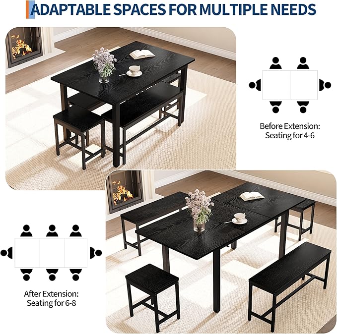 Garvee 5 PCs Extendable Dining Table Set for 4-8 People, 63 in Kitchen Table with 2 Benches & 2 Stools, Modern Dining Room Furniture, Easy Assembly Metal Frame