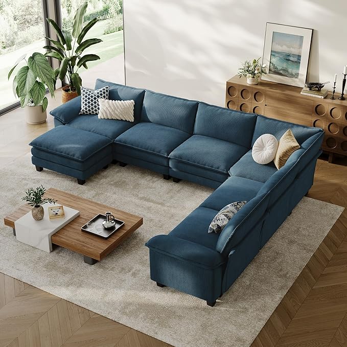 LINSY HOME Modular Sectional Sofa, 6-Seat Corduroy Modern Cloud Couch with Deep Seat & 1 Movable Ottoman, Perfect for Living Room, Office, Bedroom, Blue