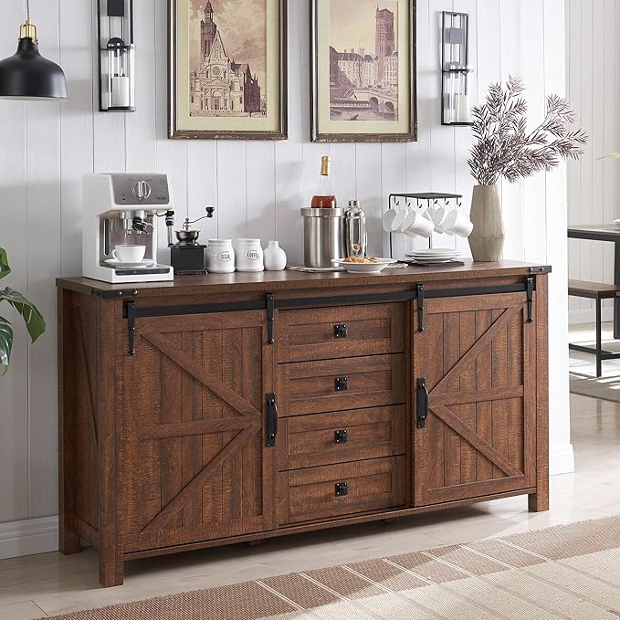 T4TREAM Farmhouse Sideboard Buffet Cabinet with Storage, 60" Large Kitchen Cabinet w/Sliding Barn Doors and 4 Drawers, 31.2'' Tall Rustic Wood Coffee Bar Table for Dining Room,Reclaimed Barnwood Color