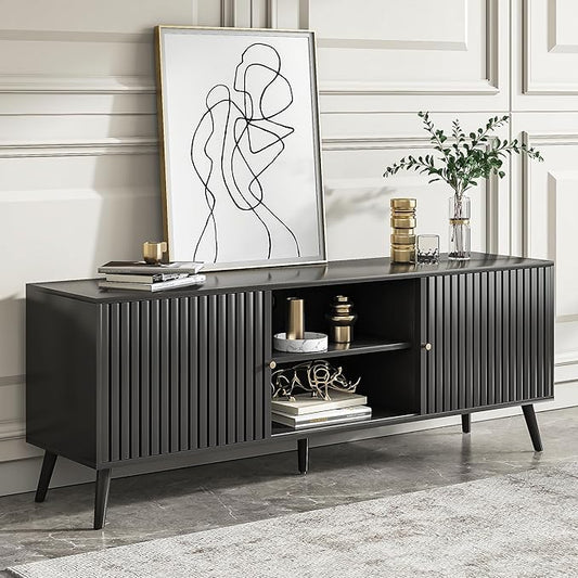 Oubayajia Mid Century Modern TV Stand for Televisions up to 70 Inches, with Sliding Doors and Storage, Television Stands, TV Consoles, Media Consoles for Living Room, 63 Inch (Black)