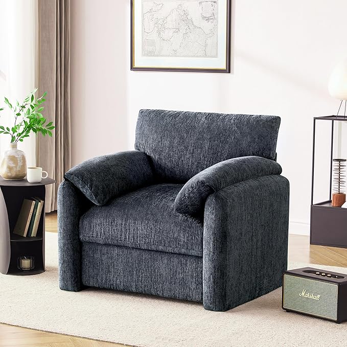Howjoe Chenille Oversized Armchair, 38.6" Wide Accent Chairs for Living Room & Bedroom Modern Lounge Chair, Upholstered Mid-Century Reading Chair, Comfy Living Room Chair, Single Sofa Chair, Blue