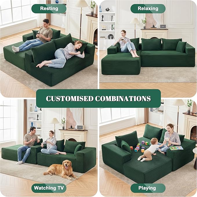 Mangodan 110” Cloud Sectional Couch, Modular Sectional Sofa for Living Room, Boneless Sofa with Deep Seat, Comfy Fluffy Couch with L-Shaped Chaise, No Assembly Required (Left-Facing Chaise, Green)