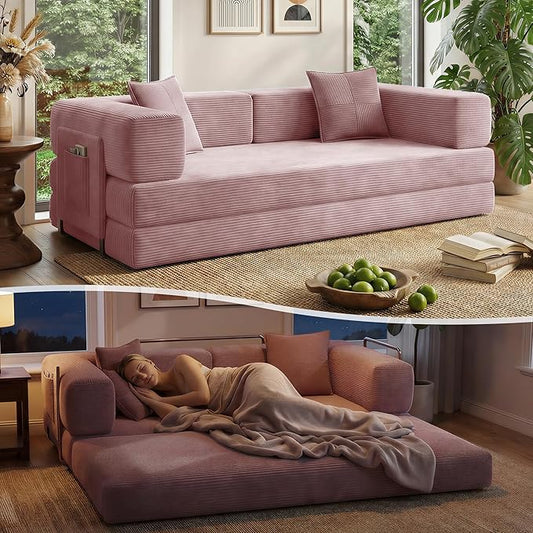 78.8" Convertible Sofa Bed with Armrest Pillow, 4-in-1 Sleeper Couch Bed for Livingroom, Modular Corduroy Boneless couches, No Assembly (Pink)