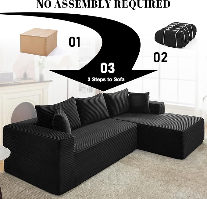 Mangodan 110” Cloud Sectional Couch, Boneless Sofa for Living Room, Modular Sectional Sofa with Deep Seat, Comfy Fluffy Couch with L-Shaped Chaise, No Assembly Required (Right-Facing Chaise, Black)