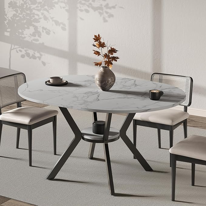 42"-58" Round Extendable Dining Table for 4-6, Kitchen Oval Table with Hidden Leaves & Storage Shelf, Space Saving Modern Design with Sturdy Metal Legs for Kitchen, Dining Room & Small Apartments