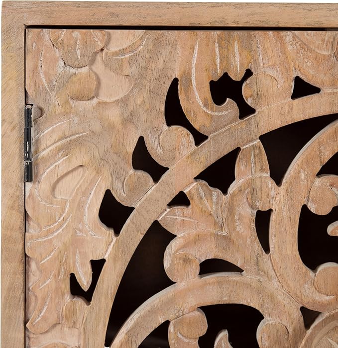 Kate and Laurel Saanvi Traditional Carved Wood Wall Cabinet; 20 x 6 x 20; Light Natural; Dimensional Over the Toilet Storage Cabinet for Bathroom Storage and Display