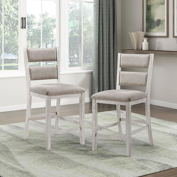 Lexicon Counter Height Chairs, Set of 2, Wooden Kitchen Chairs with Light Gray Textured Fabric Upholstered Seats and Back Rest, Counter Stools for Kitchen/Dining Room, 25.5" SH, Brushed Antique White