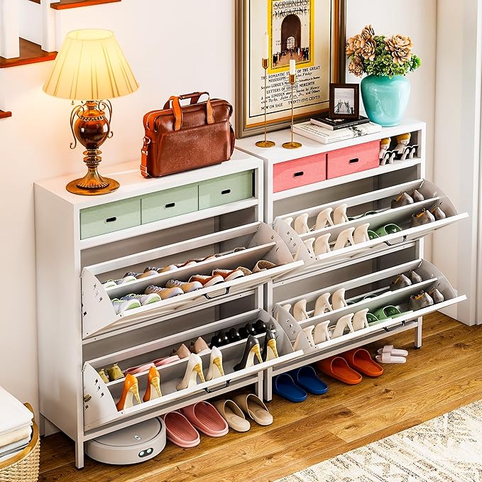 Metal Shoe Storage Cabinet with 2 Flip Drawers,White Shoe Organizer with Leg,Hidden Narrow Shoe Rack Cabinets Freestanding Farmhouse Slim Shoe Cabinet with Open Storage for Entryway Hallway Front Door