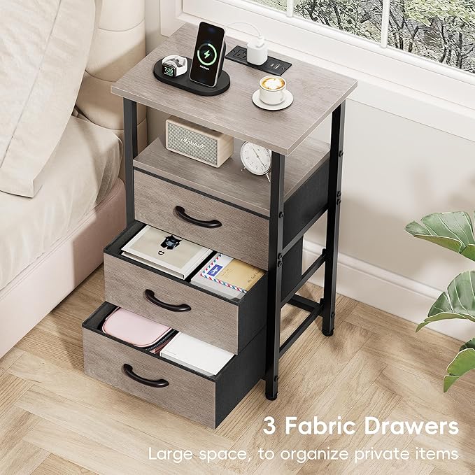 Vagusicc Night Stand with Charging Station, LED Nightstand for Bedroom, Bedside Table with 3 Fabric Drawers, End Table Side Table with USB Ports and Outlets, Bed Side Table for Bedroom, Greige