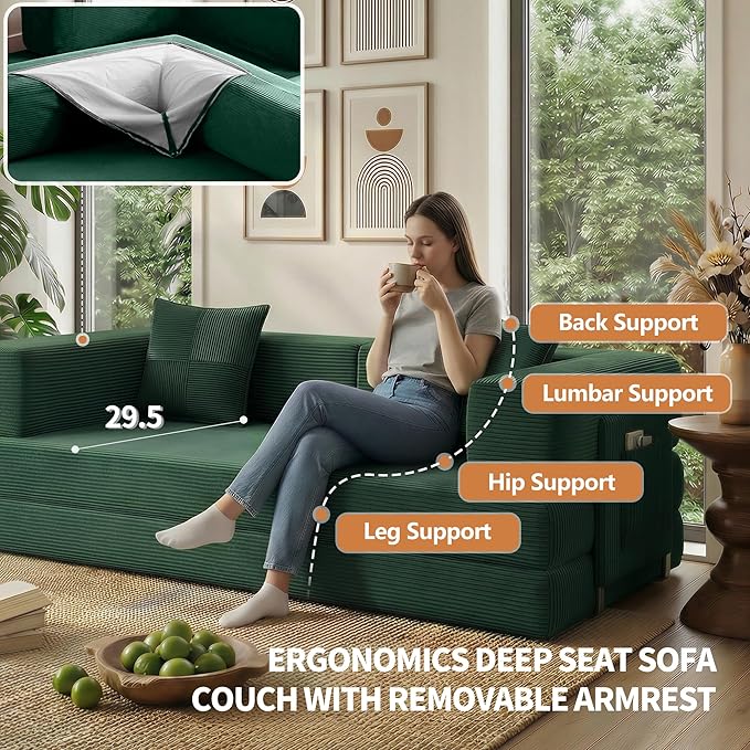 78.8" Convertible Sofa Bed with Armrest Pillow, 4-in-1 Sleeper Couch Bed for Livingroom, Modular Corduroy Boneless couches, No Assembly (Emerald Green)