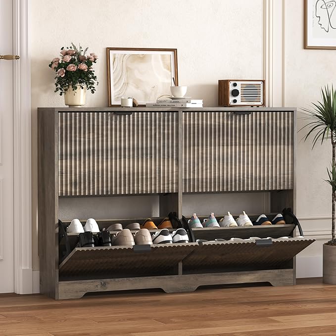 HUANLEGO Shoe Cabinet Storage for Entryway with 4 Flip Drawers, Grey Fluted Shoe Cabinet with Adjustable Shelves, Wooden Hidden Shoes Rack Freestanding Narrow Slim Shoes Storage for Hallway, Entrance