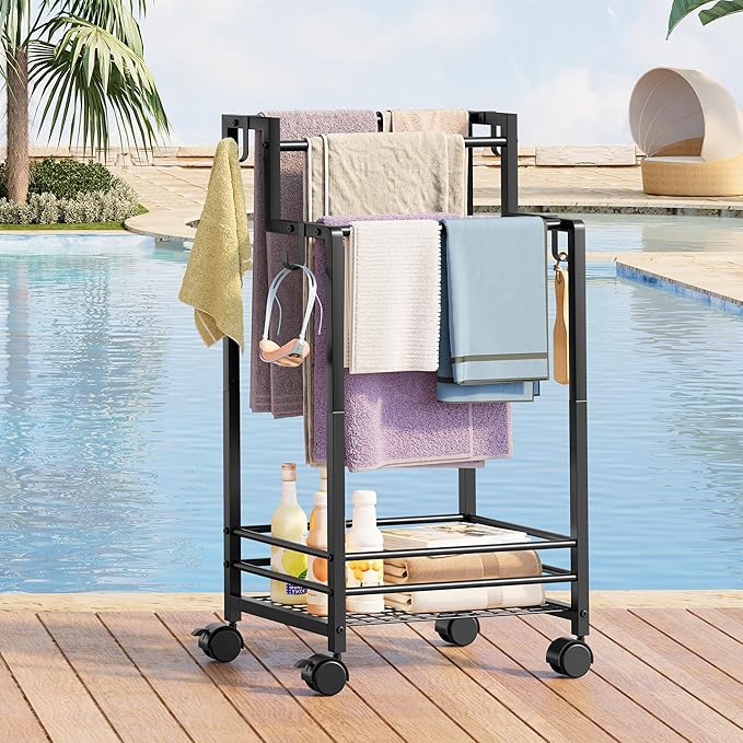 Gewudraw Free Standing Towel Rack, Pool Towel Rack, 4-Tier Blanket Stand with Shelf, Bathroom Towel Drying Rack with 4 Hooks, Rust-Resistant Drying Rack Indoor/Outdoor, Black